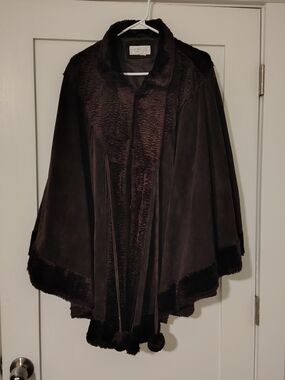 Plush Fur Trim Cape Coat - Dark Brown